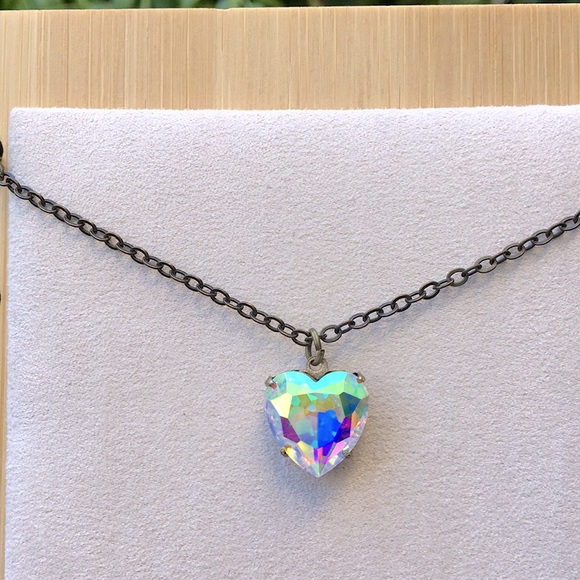Aurora Borealis + Antique Brass Crystal Heart Drop Pendant Necklace - Picture 11 of 13